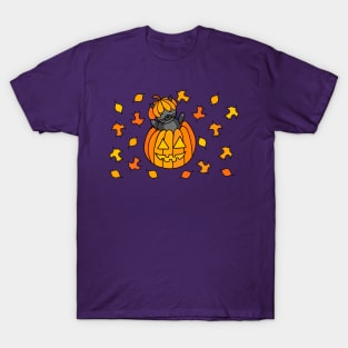 Cartoon Halloween Cat in Jack o Lantern Pumpkin with Fall Leaves on a Purple Backdrop, made by EndlessEmporium T-Shirt